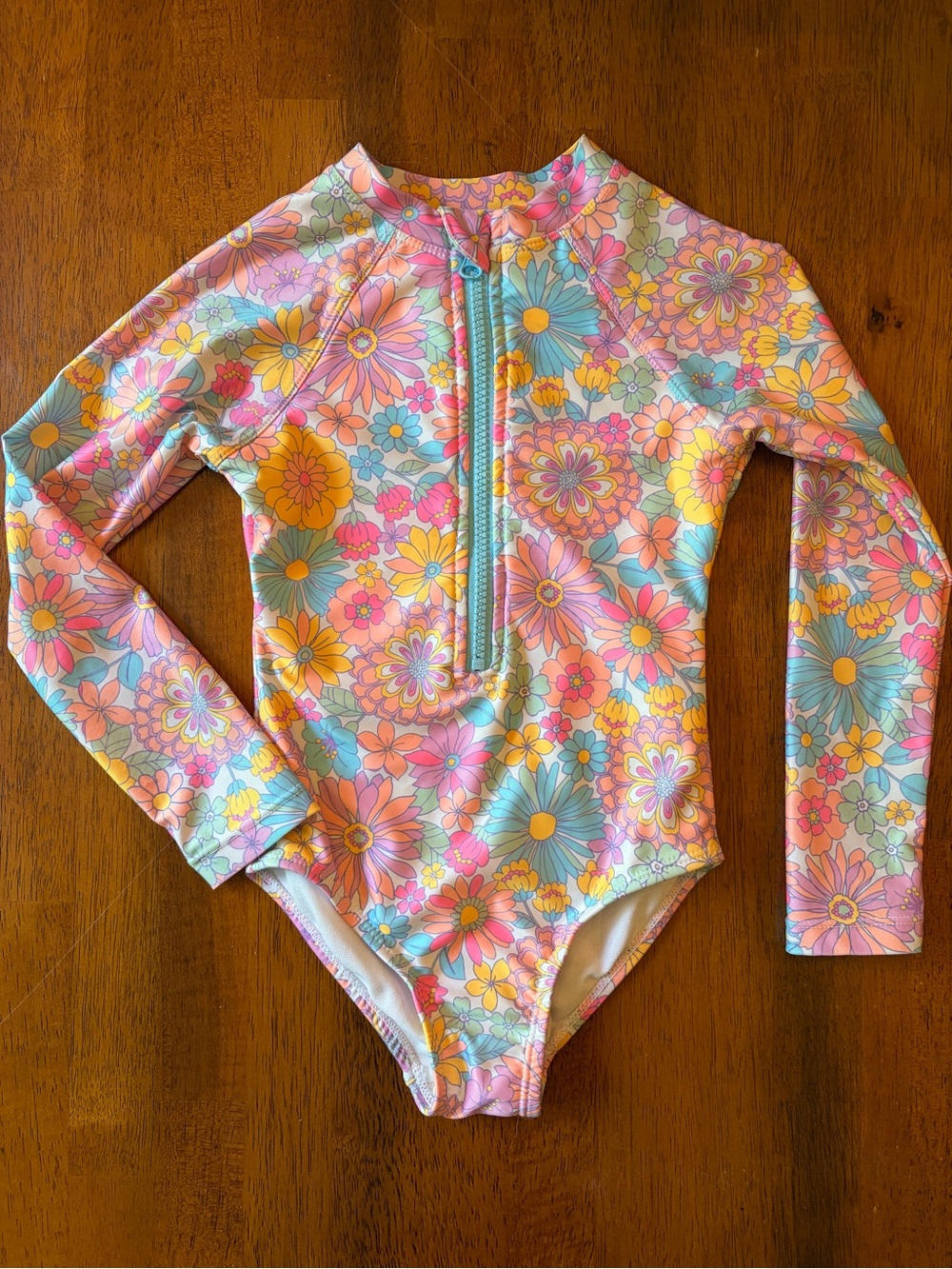 Bright Floral Zip-Front Rashguard One-Piece Long Sleeve Swimsuit Girls XS(4-5) - Picture 1 of 10